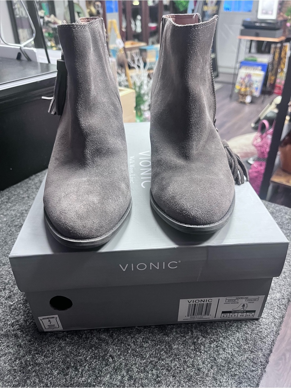 Vionic Gray Suede Tassel Ankle Booties